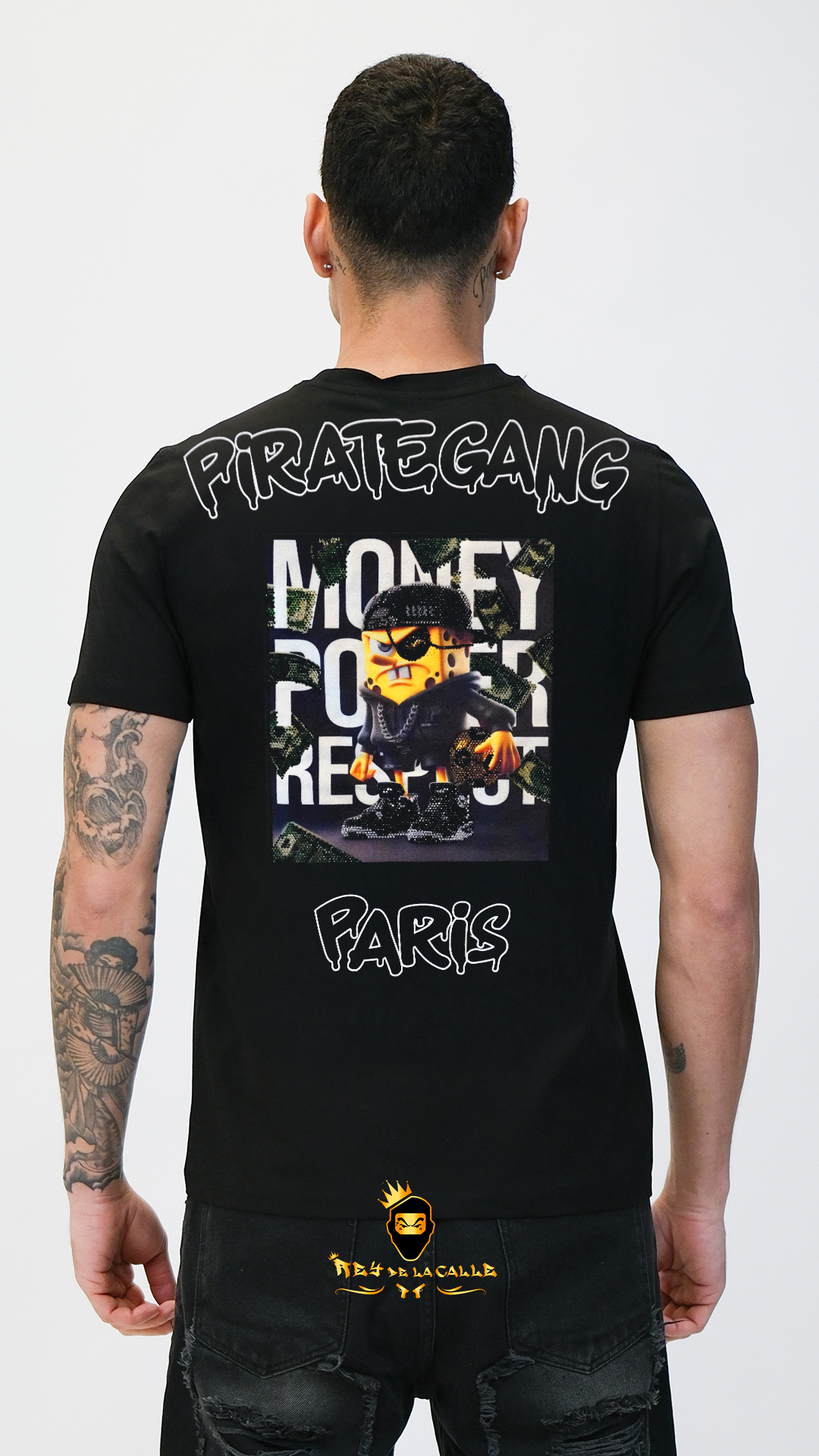 Camiseta Pirate Gang París Negra Terciopelo y Pedrería Brillante Bob Esponja