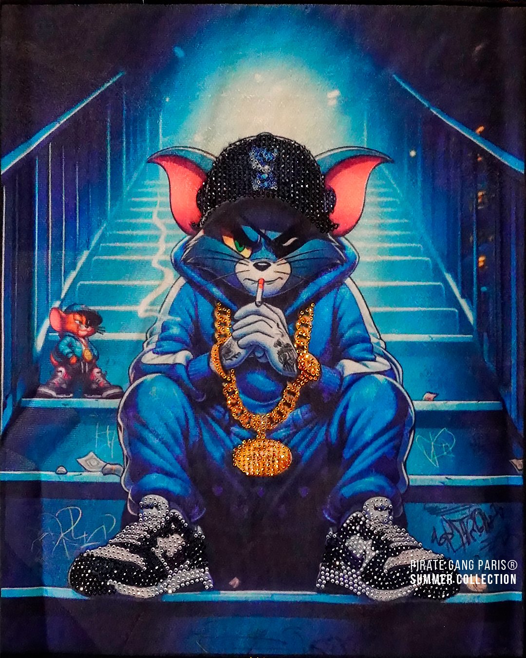 Camiseta Pirate Gang Paris | Negra Terciopelo y Pedrería Gato Tom | Urban Luxury PGP - Imagen 3
