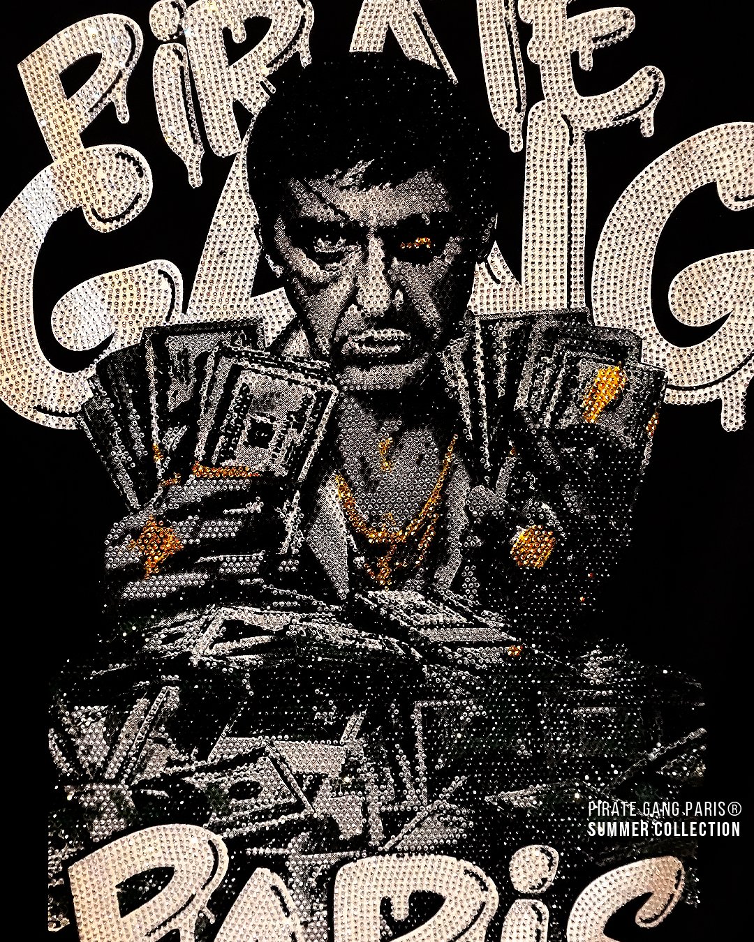 Camiseta Slim Fit Pirate Gang Paris | Negra Pedrería Scarface | Urban Luxury - Imagen 3