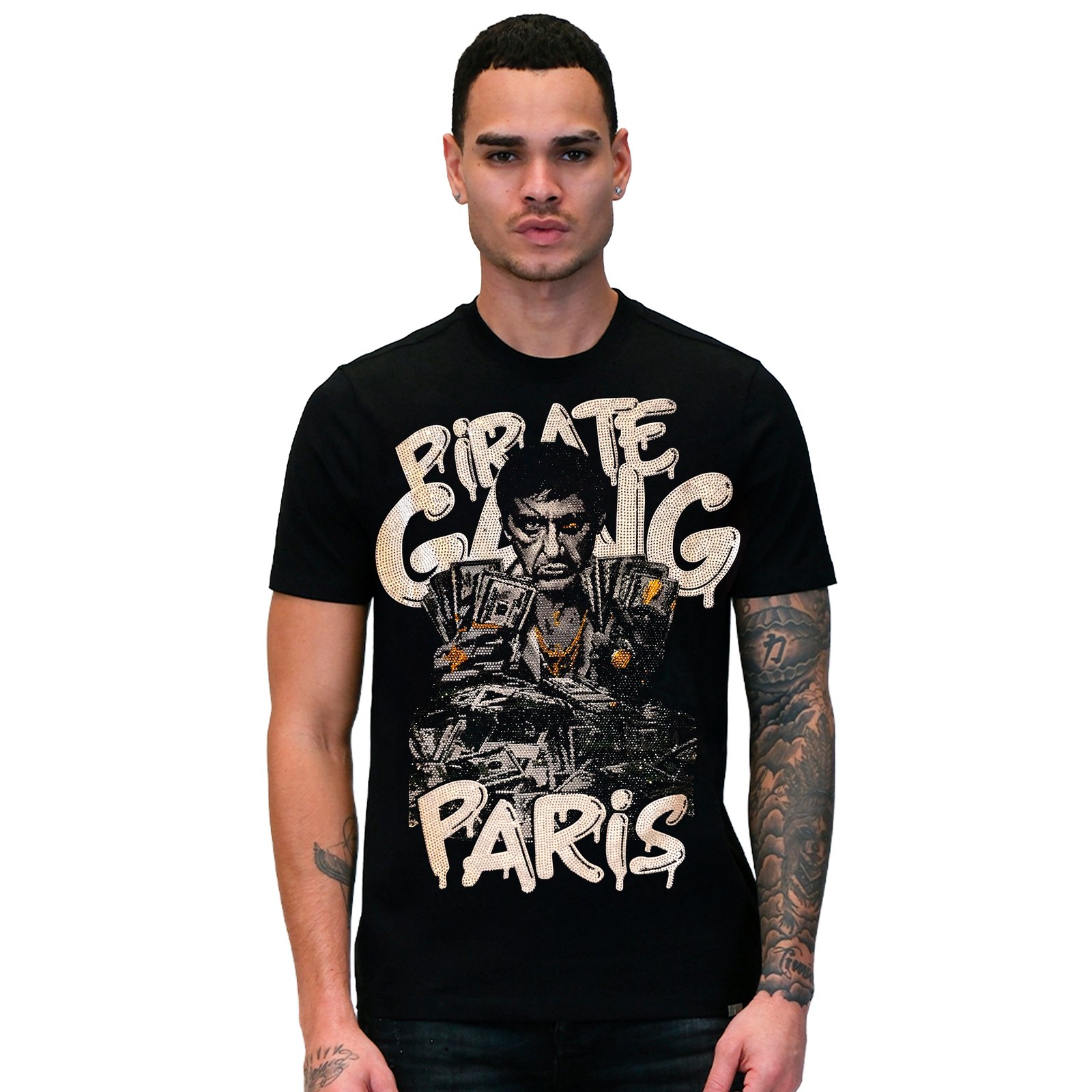 Camiseta Slim Fit Pirate Gang París Negra Pedrería Brillante Scarface, vista frontal
