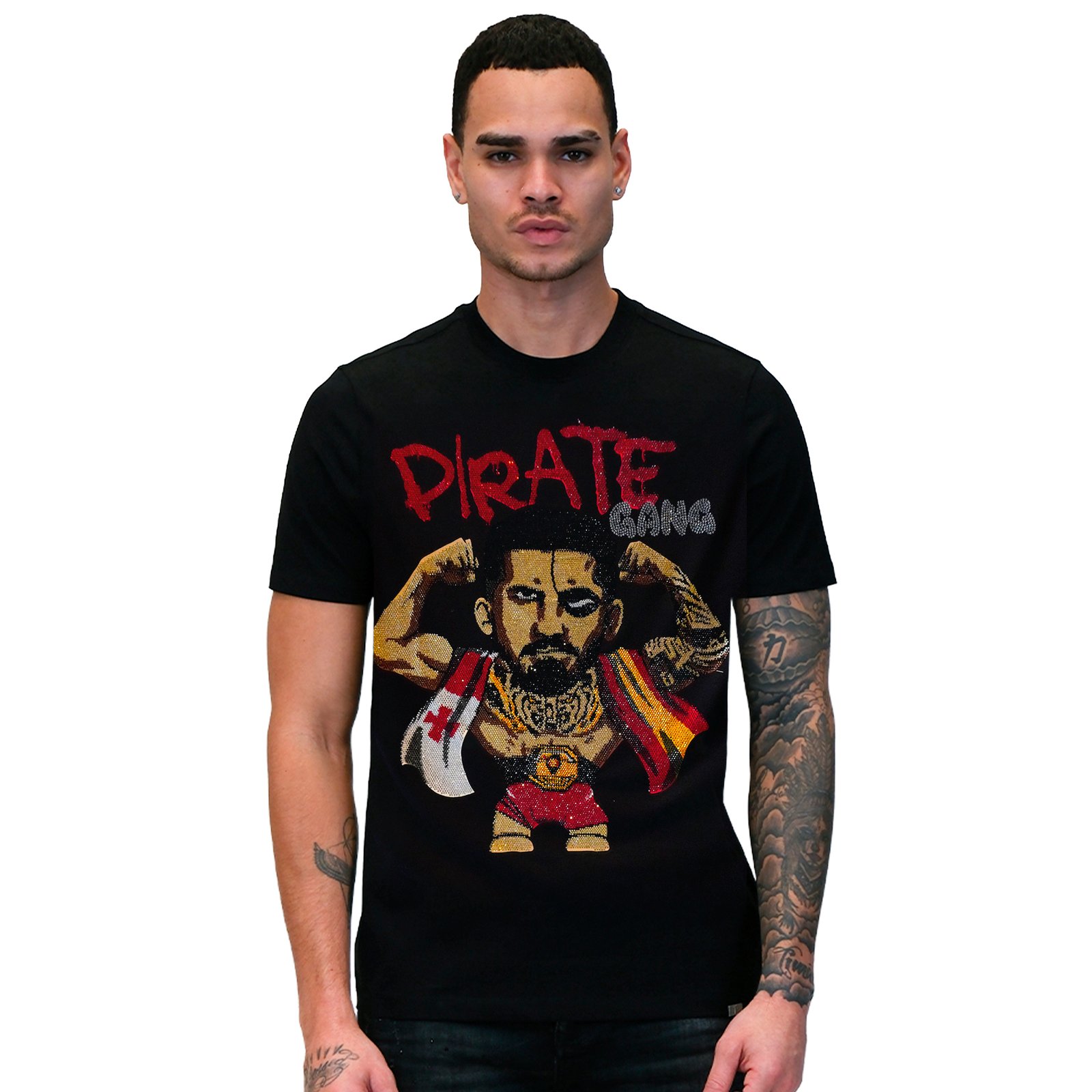 Camiseta Slim Fit Pirate Gang París Negra Pedrería Brillante Campeón, vista delantera