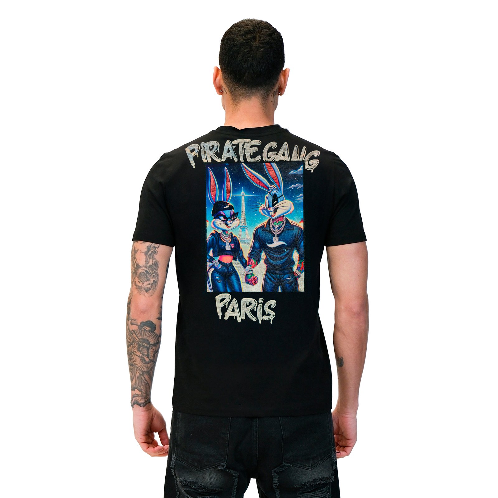 Camiseta Pirate Gang París Negra Terciopelo y Pedrería Brillante Bugs Bunny Lola Bunny, vista delantera