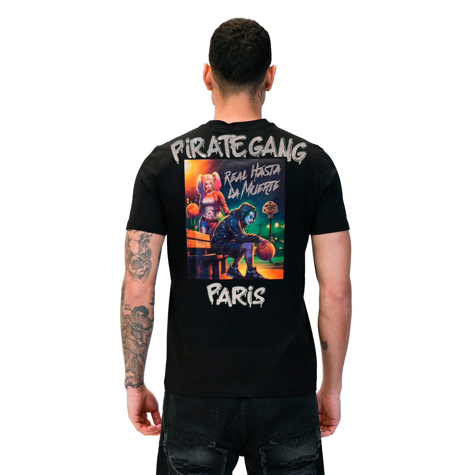 Camiseta Pirate Gang París Negra Terciopelo y Pedrería Brillante Joker, vista trasera
