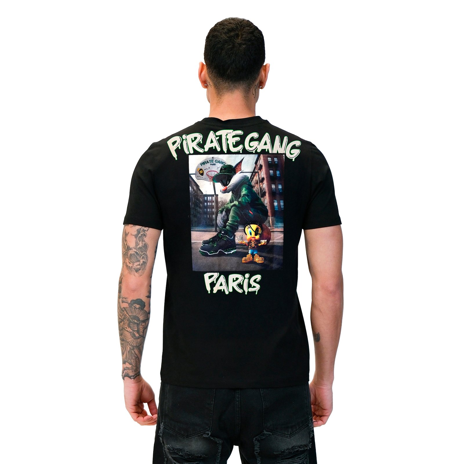 Camiseta Pirate Gang París Negra Terciopelo y Pedrería Brillante Tweety, parte trasera