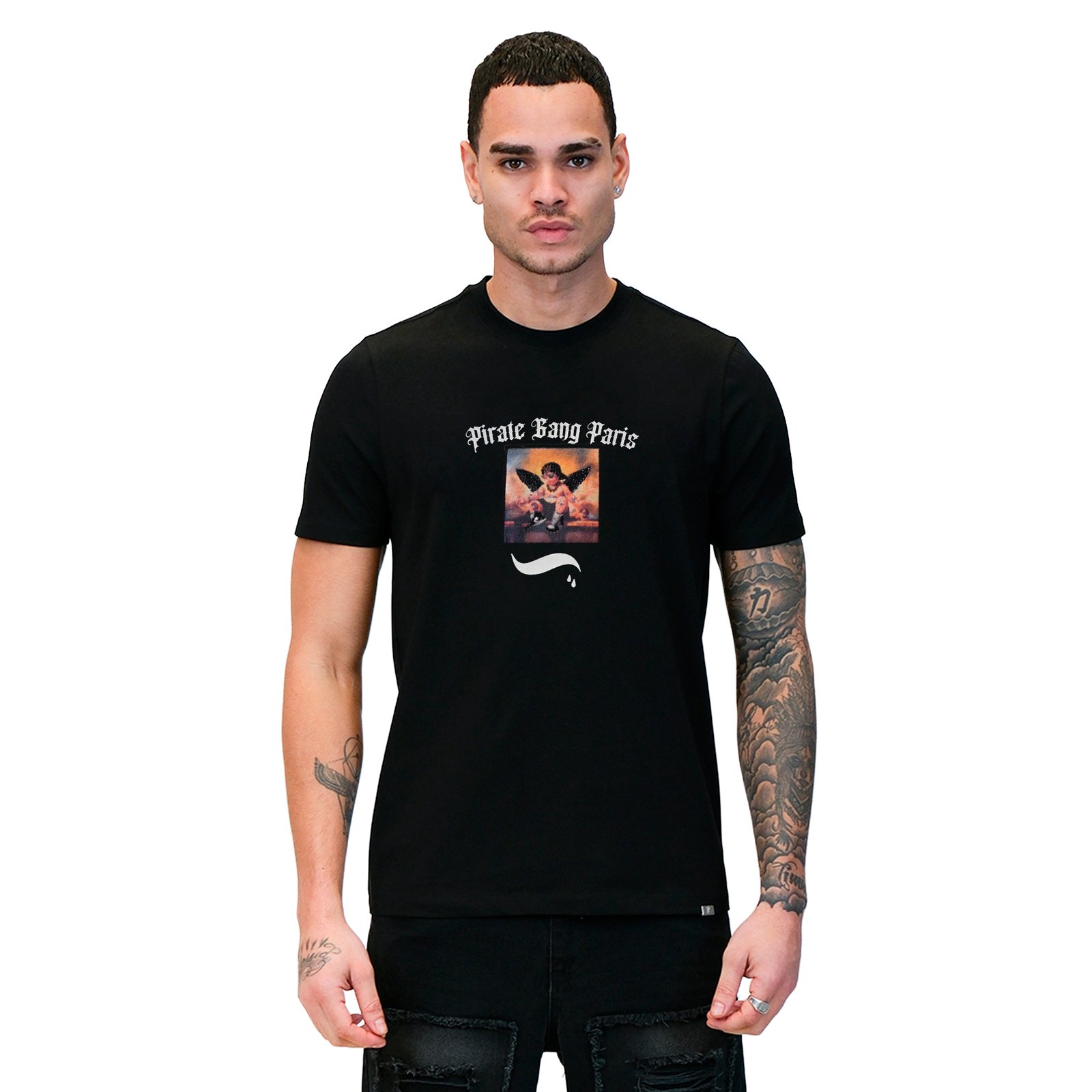 Camiseta Pirate Gang París Negra Terciopelo y Pedrería Brillante Angel