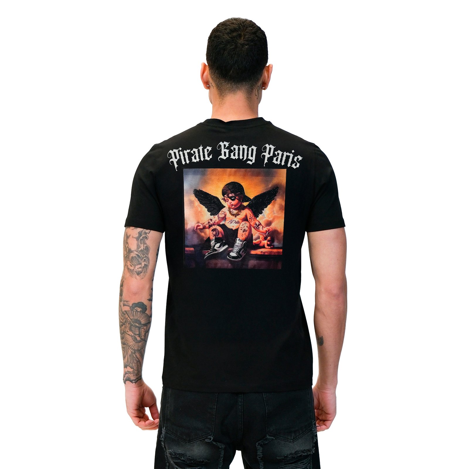Camiseta Pirate Gang Paris | Negra Terciopelo y Pedrería Angel | Urban Luxury PGP