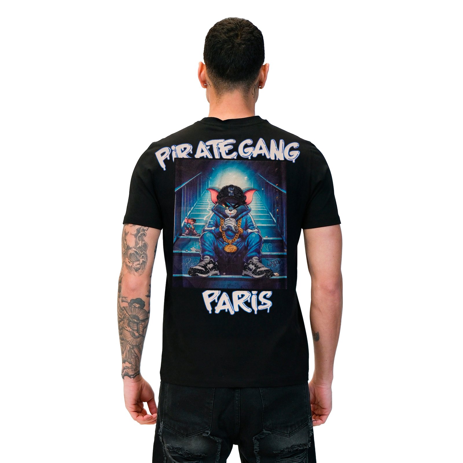 Camiseta Pirate Gang París Negra Terciopelo y Pedrería Brillante Gato Tom, vista trasera