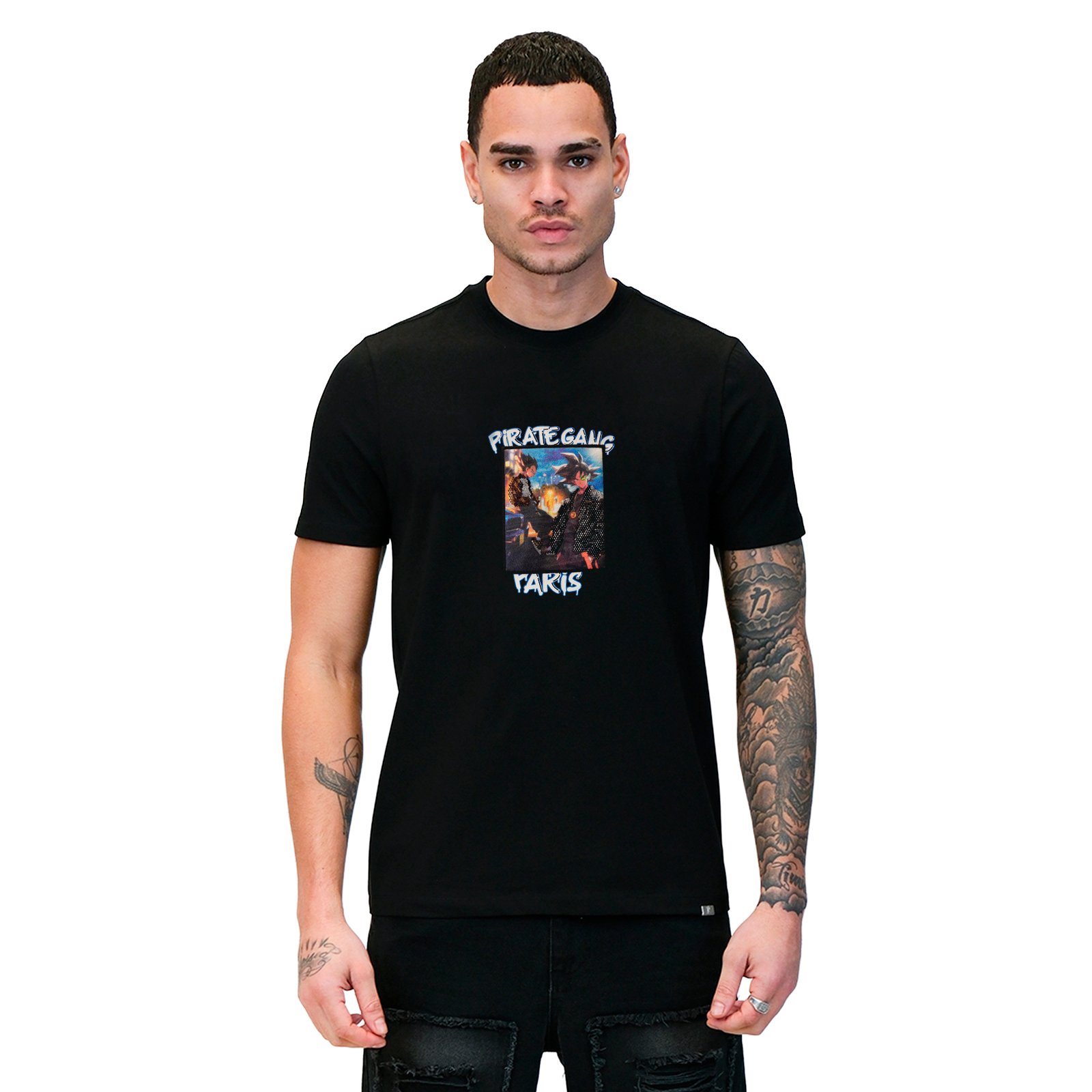 Camiseta Pirate Gang París Negra Terciopelo y Pedrería Brillante Goku y Vegeta, vista delantera