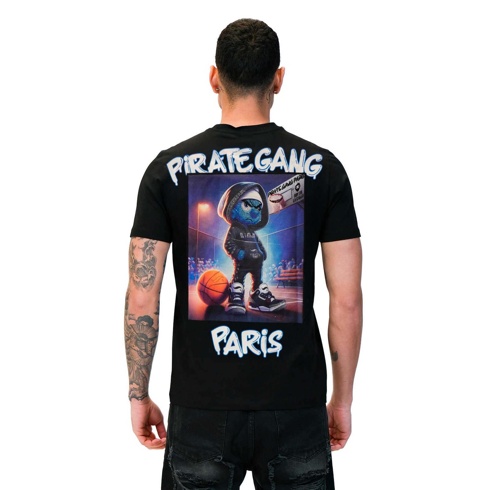 Camiseta Pirate Gang París Negra Terciopelo y Pedrería Brillante Pitufo Gangster, vista trasera