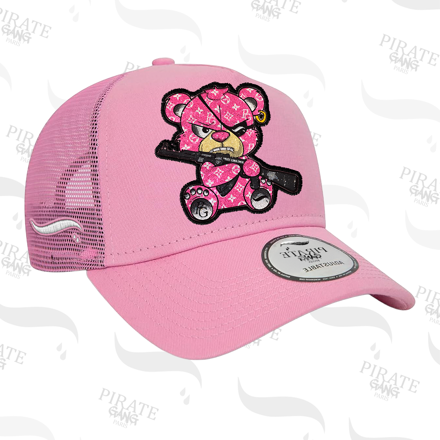 Gorra Pirate Gang París Rosa, Osito con AK-47, vista de lado
