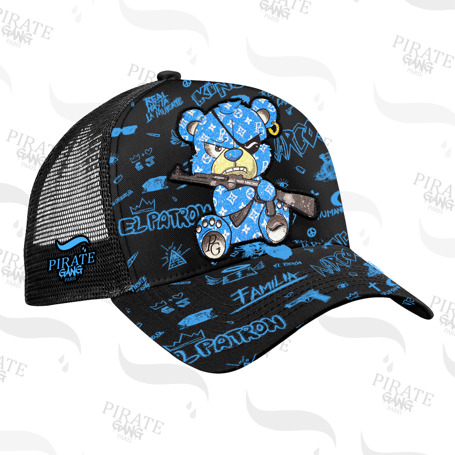 Gorra Pirate Gang París Negra y Azul, Osito con Parche, vista ladeada