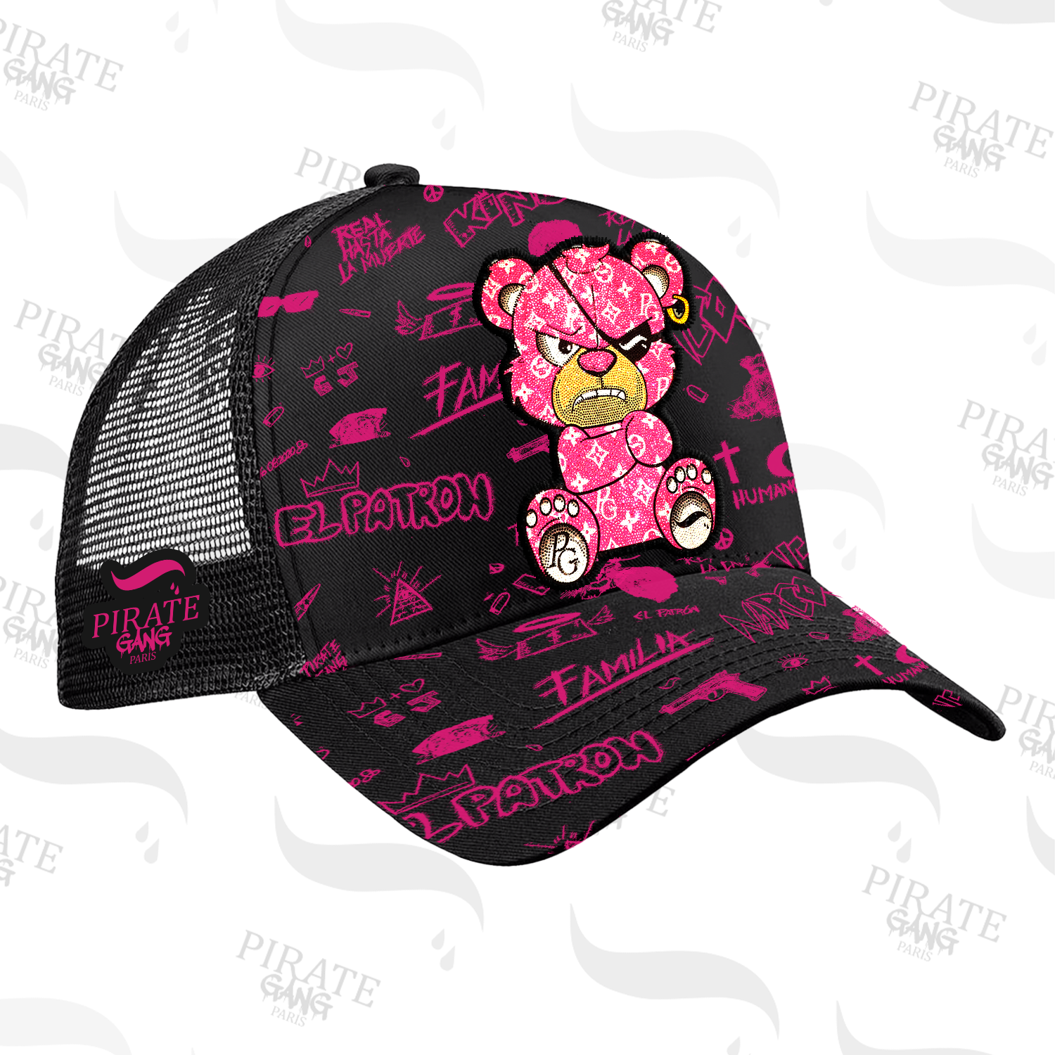 gorra pirate gang paris rosa y negra, con osito rosa con parche