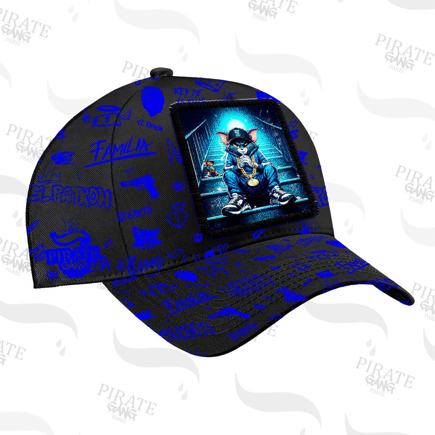 Gorra Pirate Gang París Negra y Azul, Tom y Jerry, vista frontal ladeada