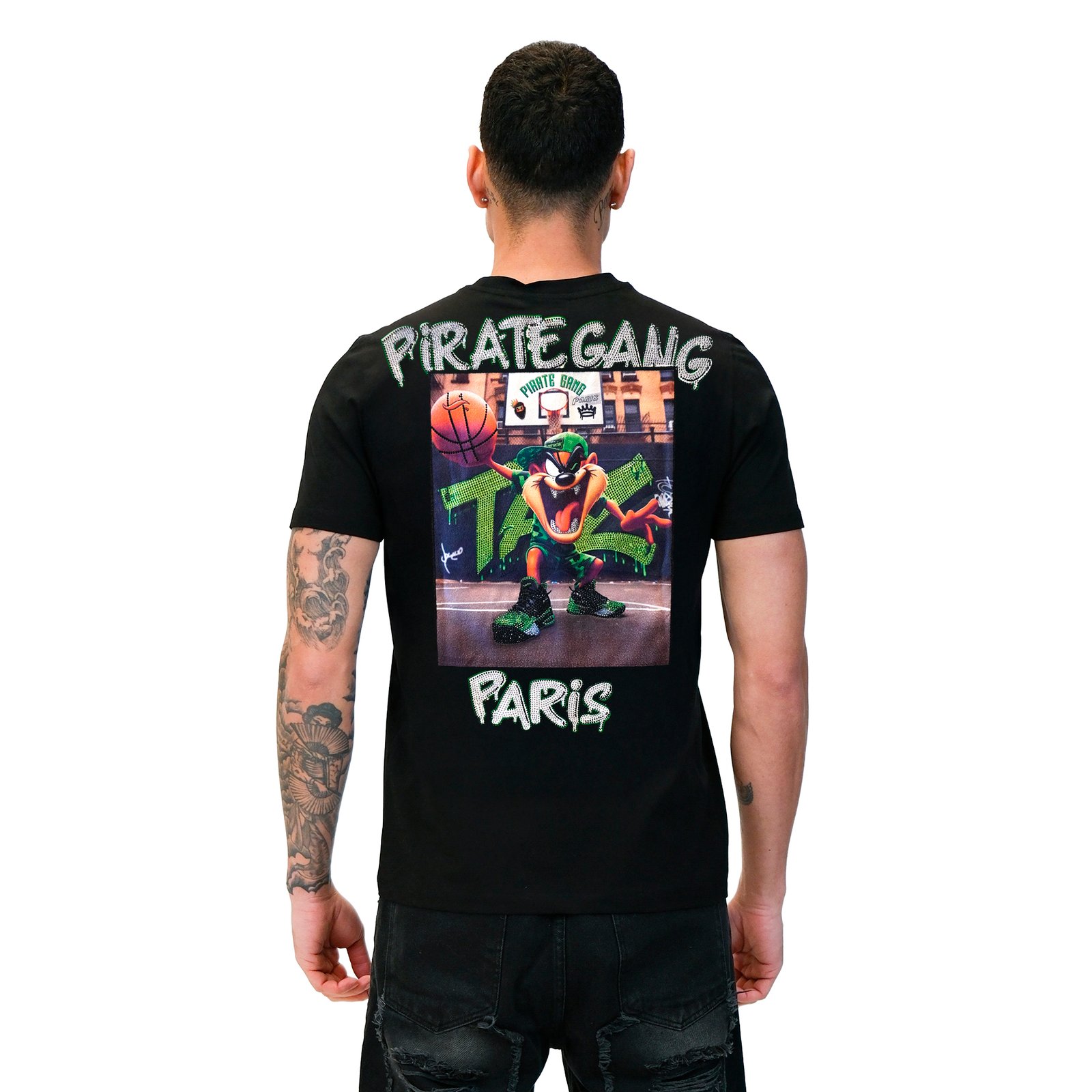 Camiseta Pirate Gang Paris | Negra Terciopelo y Pedrería Taz | Urban Luxury PGP
