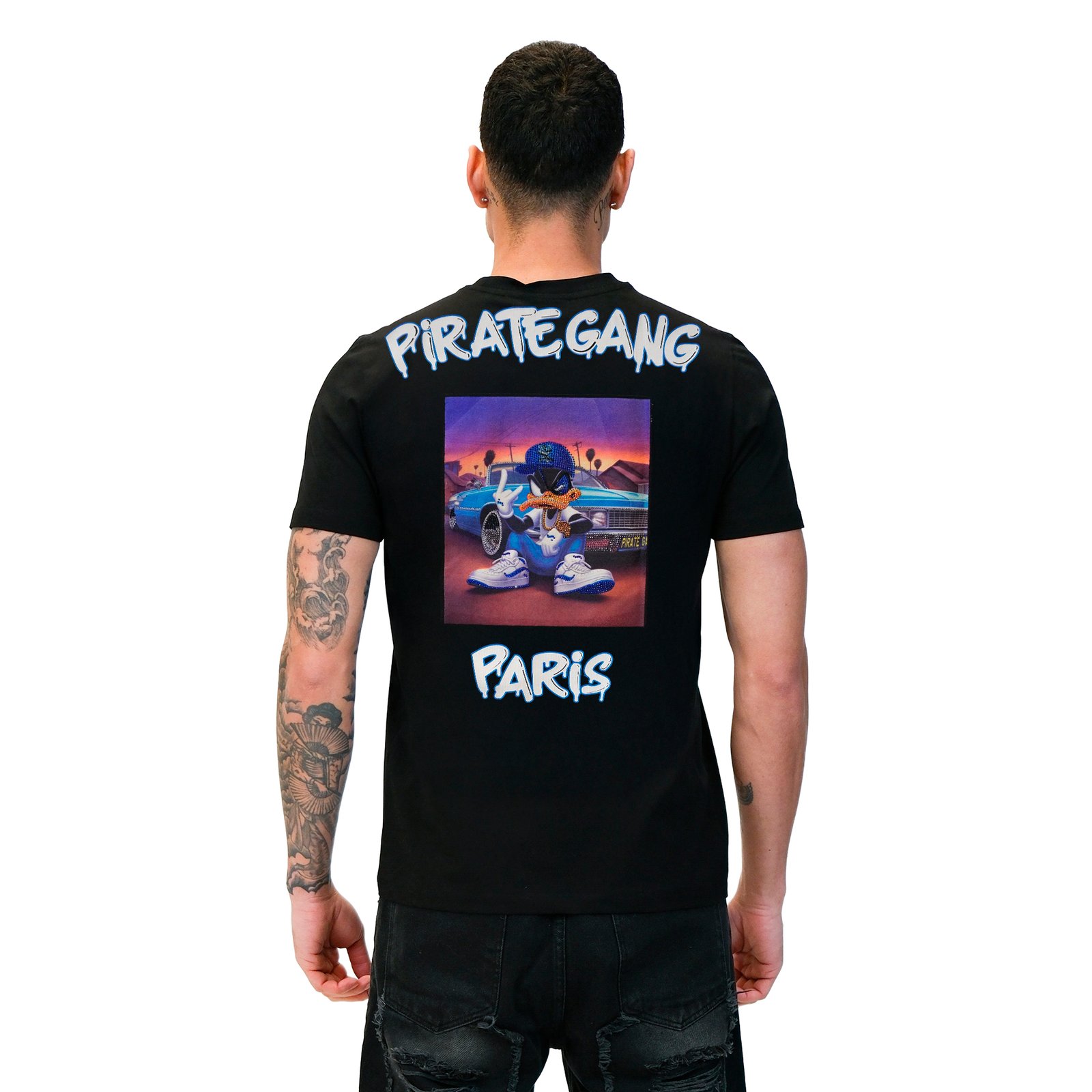 Camiseta Pirate Gang Paris | Negra Terciopelo y Pedrería Pato Lucas | Urban Luxury PGP