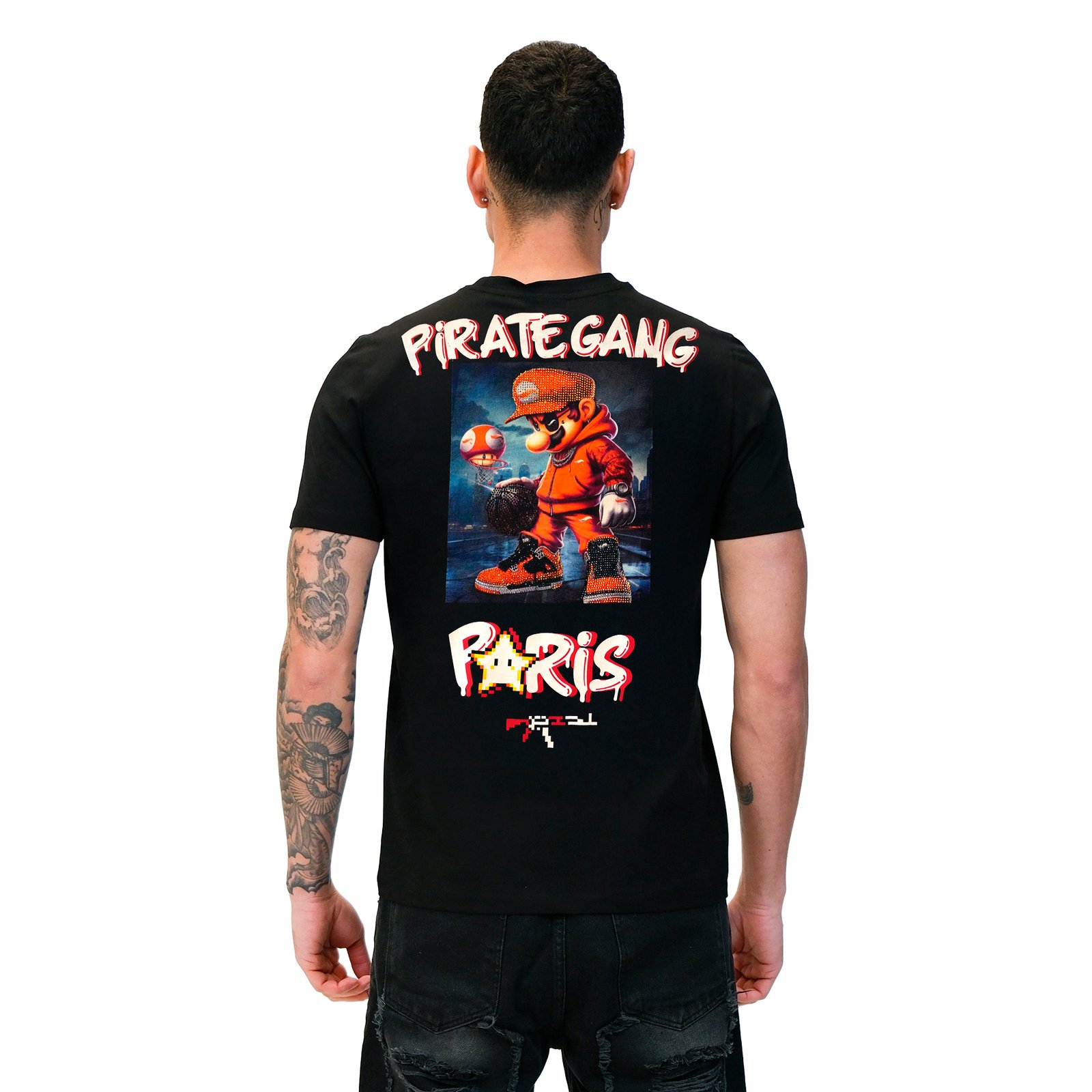 Camiseta Pirate Gang Paris | Negra Terciopelo y Pedrería Mario Bros | Urban Luxury PGP