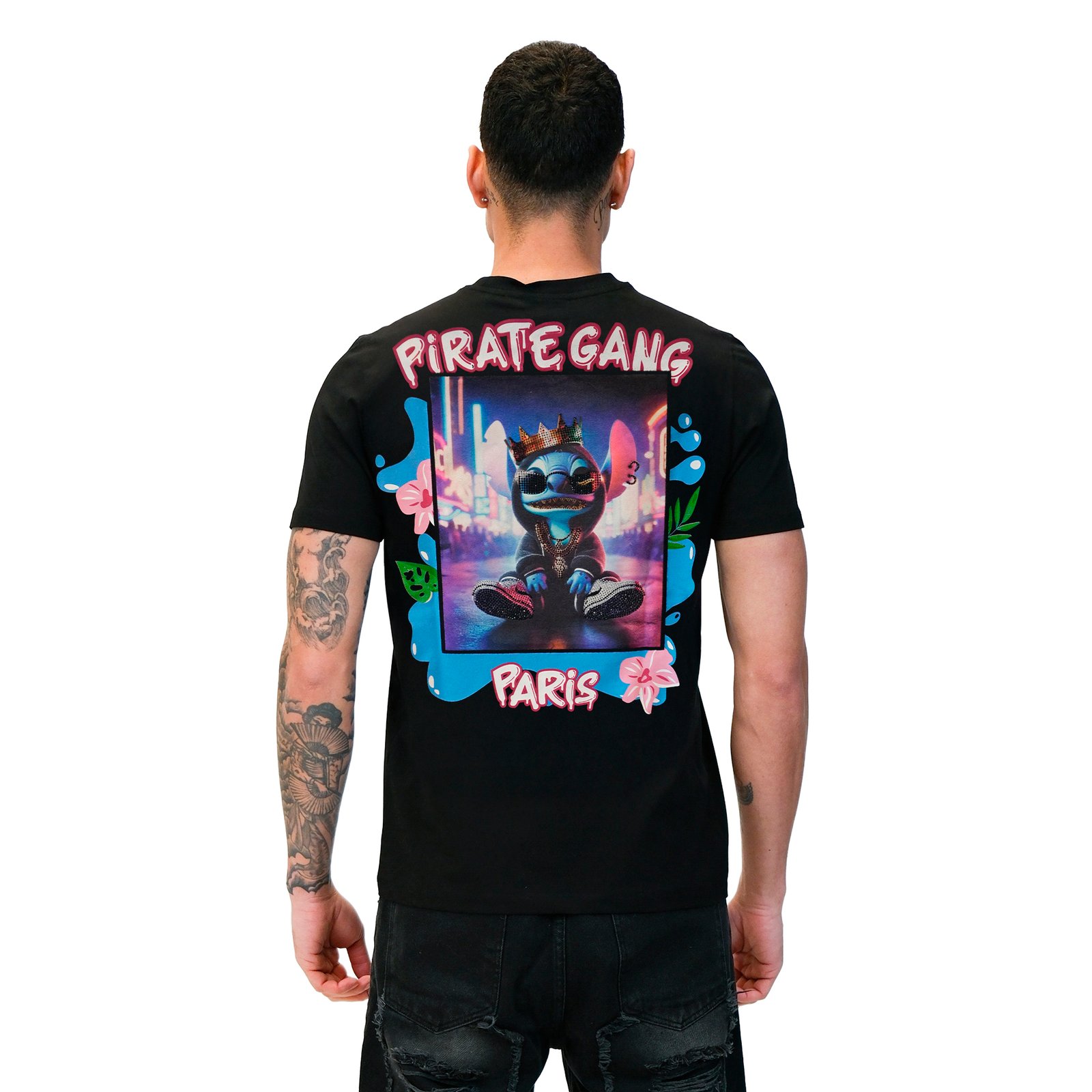 Camiseta Pirate Gang Paris | Negra Terciopelo y Pedrería Stitch | Urban Luxury PGP