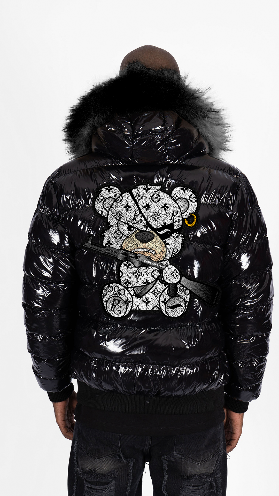Chaqueta de Plumas PGP Oso Pirata Monograma - Negro / Blanco / Plateado