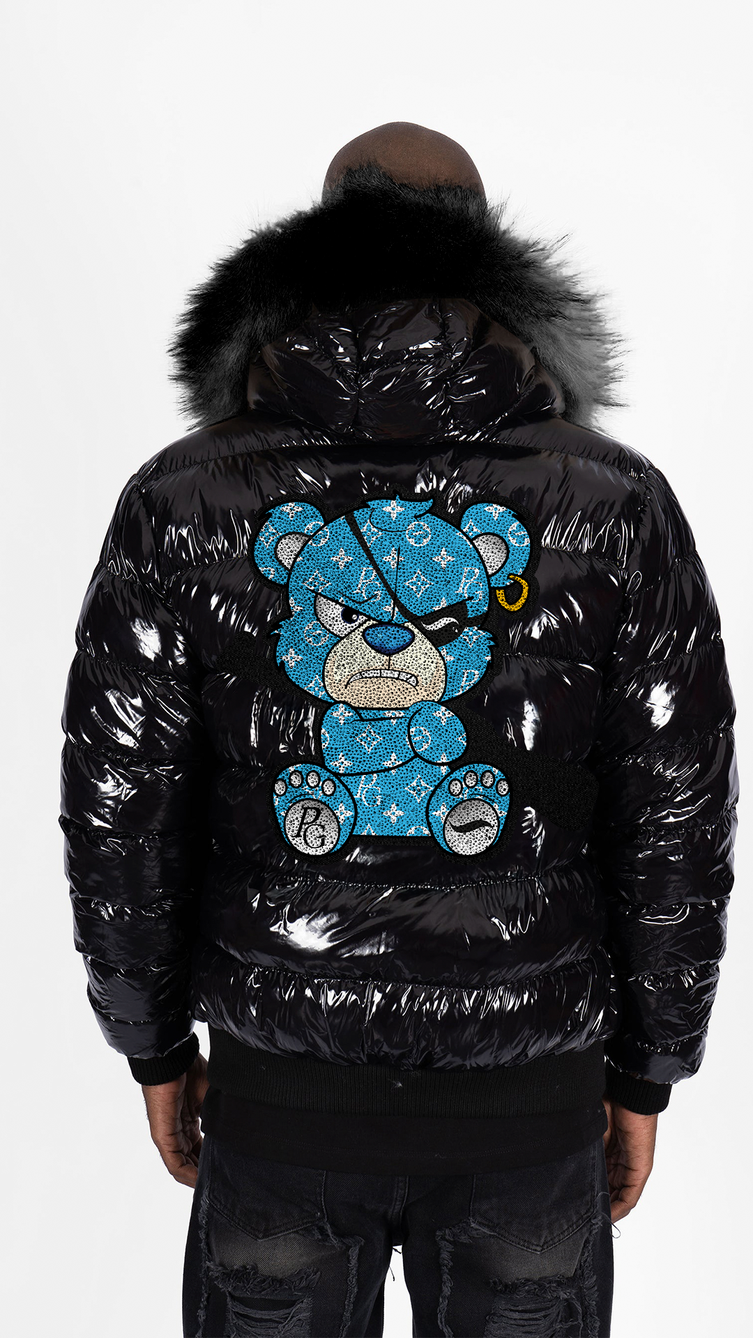 Chaqueta de Plumas PGP Oso Pirata Monograma - Negro / Azul Turquesa