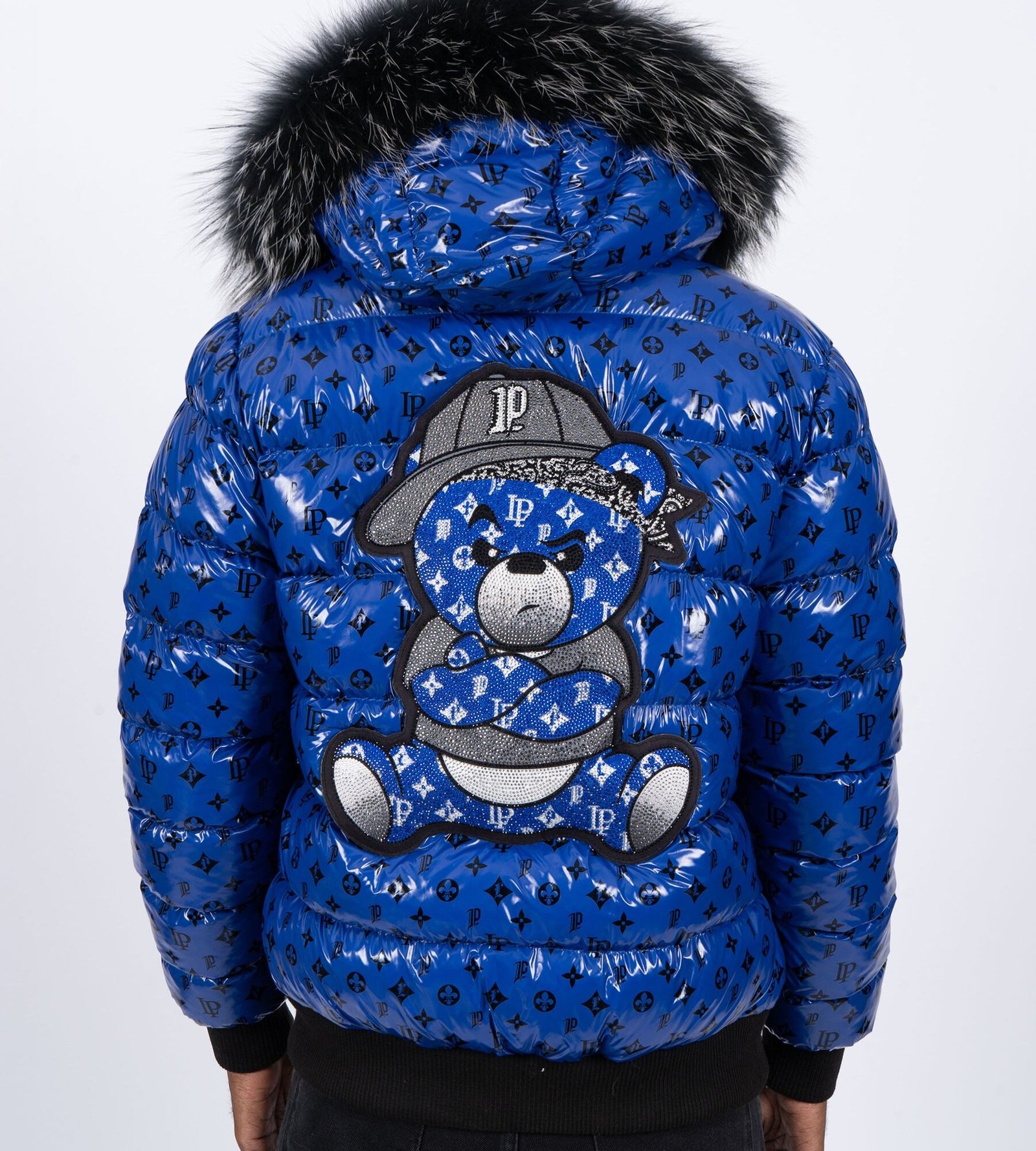 Chaqueta de Plumas Negra Azul  PGP Oso con Gorra Gris