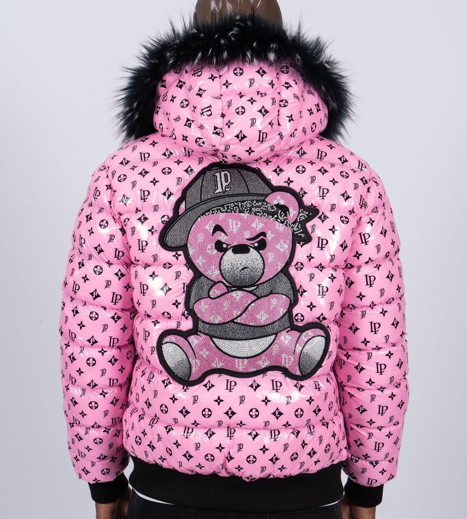 Chaqueta de Plumas Rosa PGP Oso con Gorra Gris