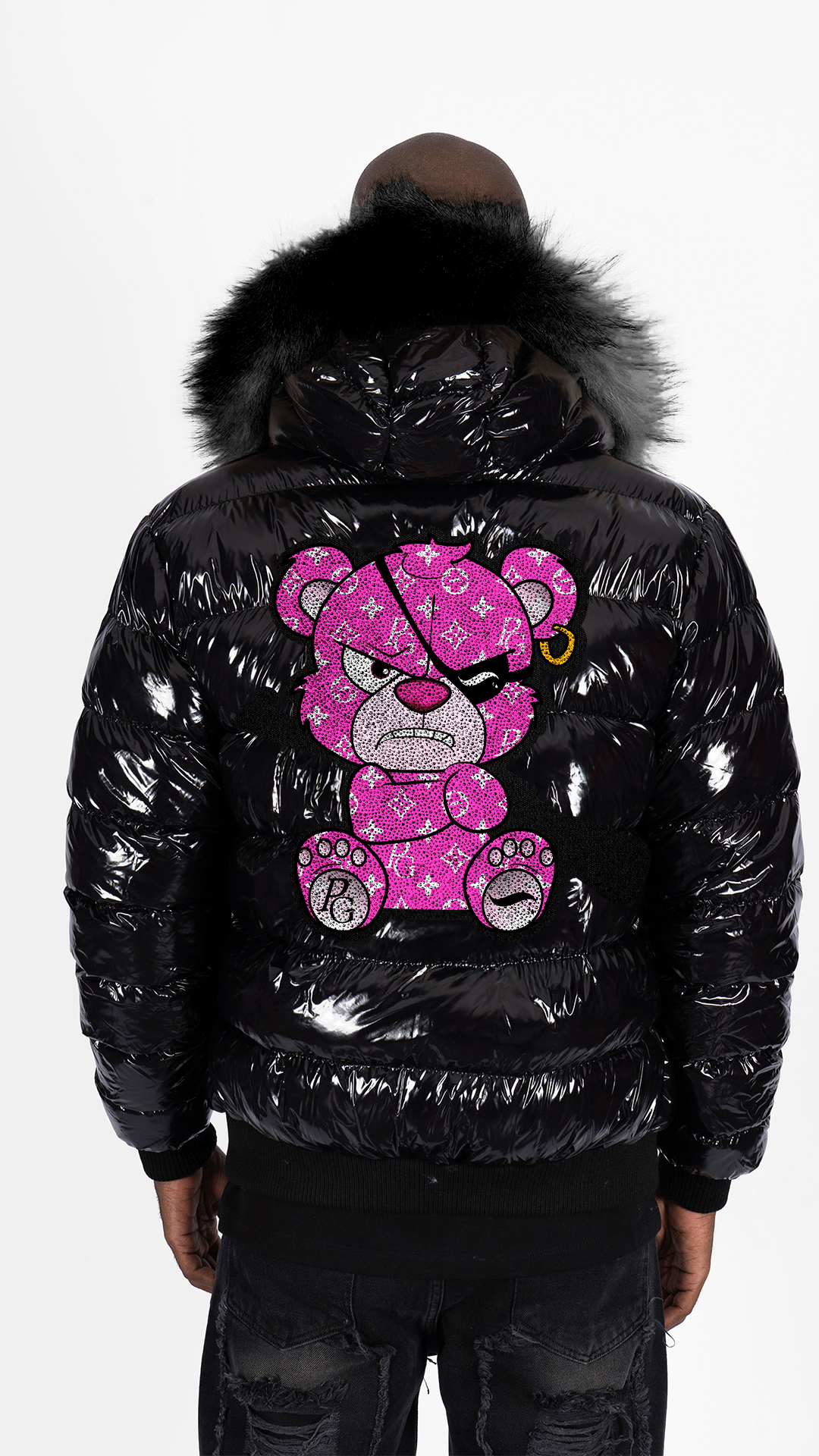 Chaqueta de Plumas PGP Oso Pirata Monograma - Negro / Fucsia